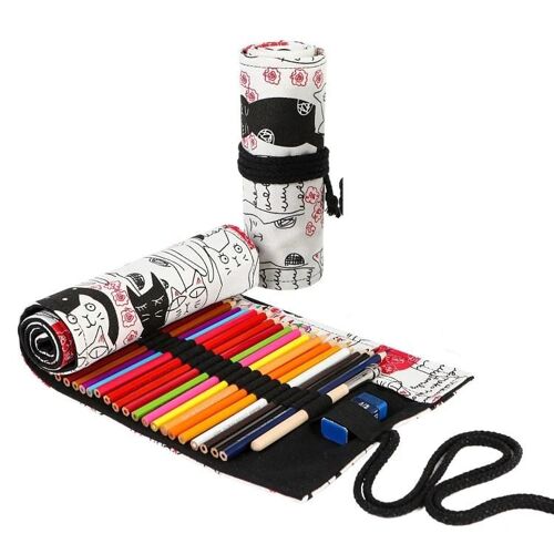 Sac À Stylo En Toile Imprimée Pour Chat - 36 Trous, Grande Capacité, 2 Pièces -