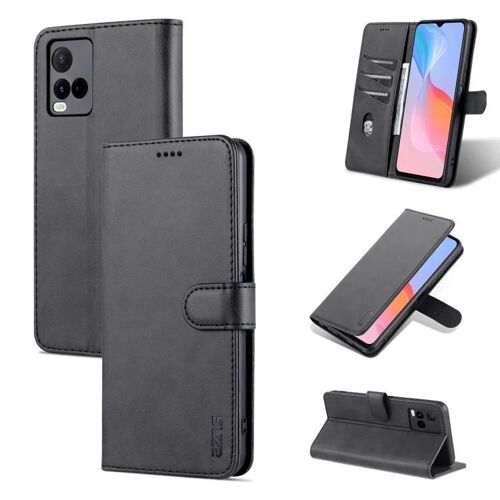 Vivo Y21/Y33S Étui à rabat en cuir - Texture veau,Fentes pour cartes et portefeuille,Noir Noir
