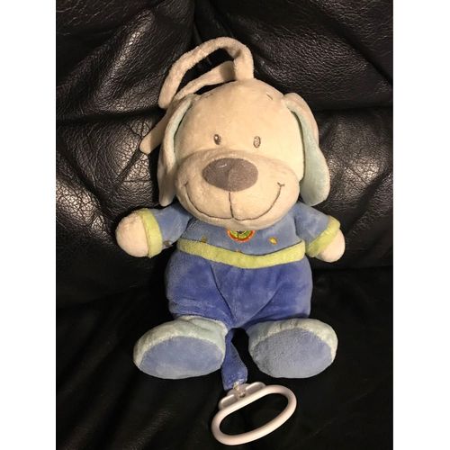 Doudou Chien Bleu Coeur Vert Orange Musicale. Nicotoy Vetir 24cm