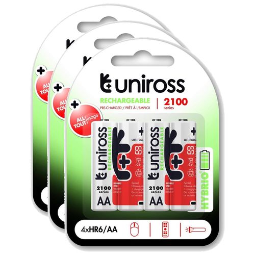 UNIROSS Lot de 3 Packs de 4 Piles Rechargeable AA/HR6 2100 NIMH HYBRIO, 1.2V