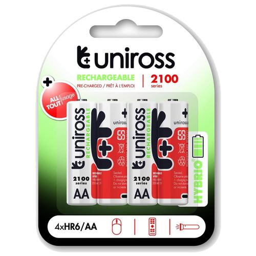 UNIROSS Pack de 4 Piles Rechargeable AA/HR6 2100 NIMH HYBRIO, 1.2V
