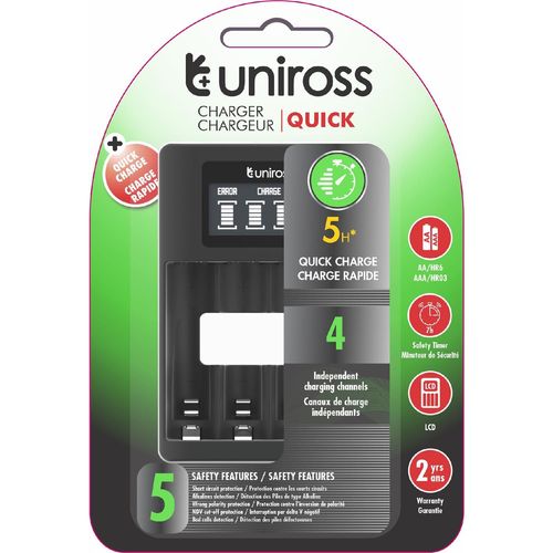 UNIROSS Chargeur LCD RAPIDE Pour 1 à 4 Piles Ni-MH 1.2V AA AAA [USB]