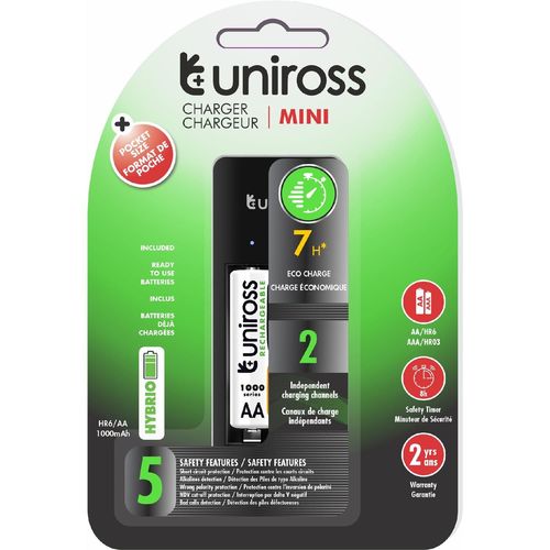 UNIROSS Chargeur Mini Hybrio AA/AAA + 2 piles rechargeables AA 1,2 V inclus