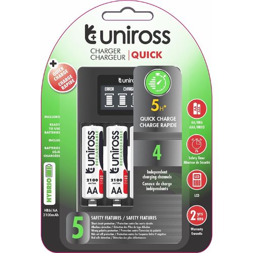 UNIROSS Chargeur LCD RAPIDE Pour 1 à 4 Piles AA/AAA + 4 Piles AA rechargeables Inclus