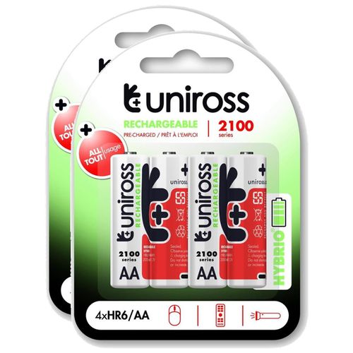 UNIROSS Lot de 2 Packs de 4 Piles Rechargeable AA/HR6 2100 NIMH HYBRIO, 1.2V