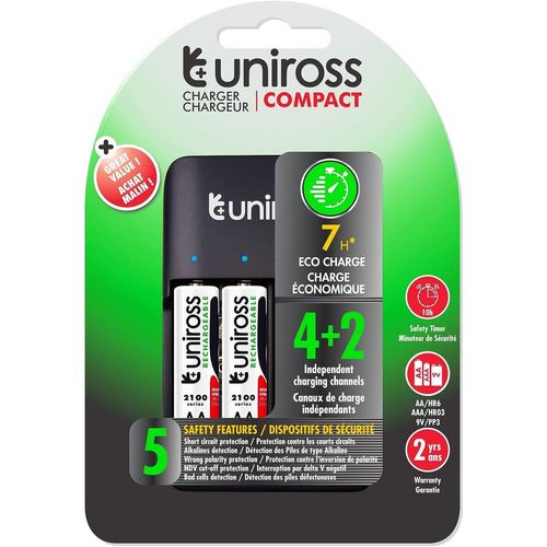 UNIROSS Chargeur COMPACT - 1 à 4 Piles AA/AAA/9V + 4 Piles AA rechargeable Inclus