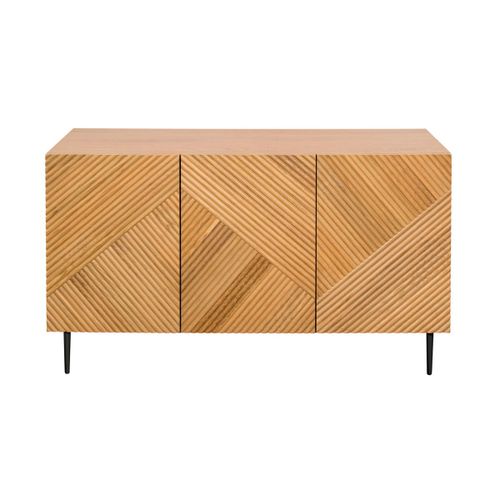 Buffet Design En Bois Clair Chêne Massf Gravé Et Métal Noir 3 Portes L135 Cm Archipel