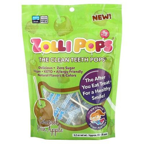 Zollipops The Clean Teeth Pops, Caramel Et Pomme Verte, Env. 23-25 Sucettes, 175 G