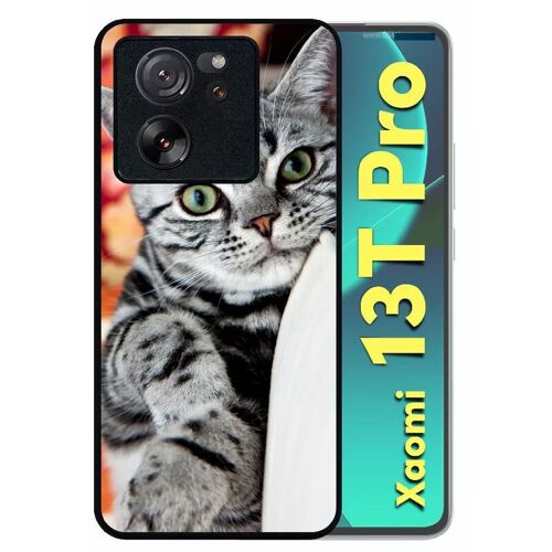 Coque Pour Xiaomi 13t Pro - Chat Tigré Gris Yeux Vert - Silicone - Noir