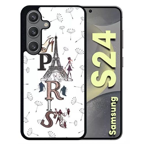 Coque Pour Galaxy S24 - Paris Fond Blanc - Silicone - Noir
