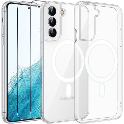 Coque pour SAMSUNG GALAXY S22 PLUS - 2 vitres verre trempé + 2 vitres caméras compatible magsafe transparent