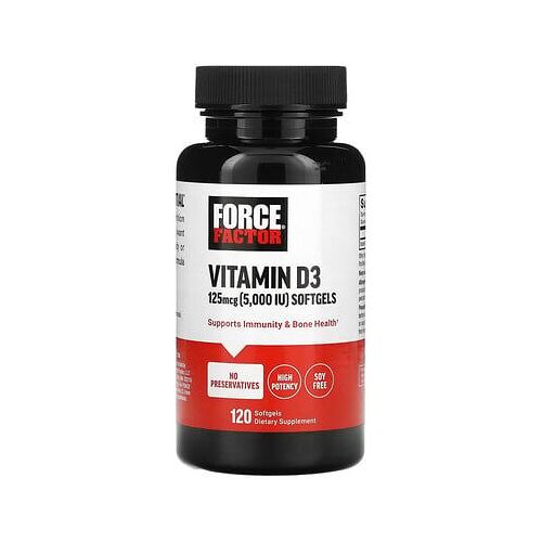 Force Factor Vitamine D3, 125 ?g (5000 Ui), 120 Capsules À Enveloppe Molle 
