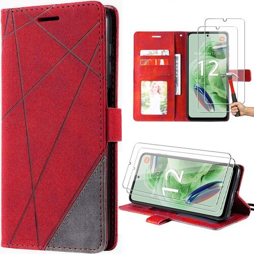 Coque pour Xiaomi Redmi Note 12 5G + 2 Verres Trempés, Étui Rétro Antichoc en Cuir PU, avec Porte-Cartes et Support - Rouge - E.F.Connection