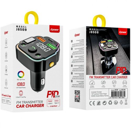 Double Chargeur Voiture 20w Avec Transmetteur Fm Noir Dpower J8509