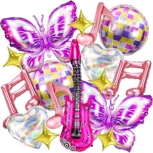 CAUC-Ballon de Musique Rosa, 16 Pezzi Ensemble de Ballons Thème Musique, Guitare Note Boule Disco Papillon C?ur Étoile Ballons Aluminium per Decorazione di Compleanno Feste Musica