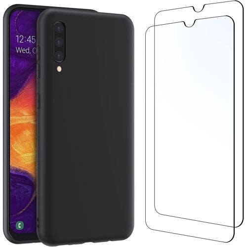 HQSELECTION ® Coque Silicone NOIR Mat Compatible avec Samsung Galaxy A50 + 2 Film de Protection d'écran en Verre trempé Transparent - Anti Rayures - Ultra Résistant Dureté 9H