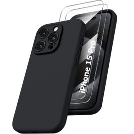 Hqselection ® Coque Silicone Noir Mat Pour Iphone 15 Pro (6.1") + 2 Verre Trempé Film Protection Écran - Anti Rayures - Ultra Résistant Dureté 9h