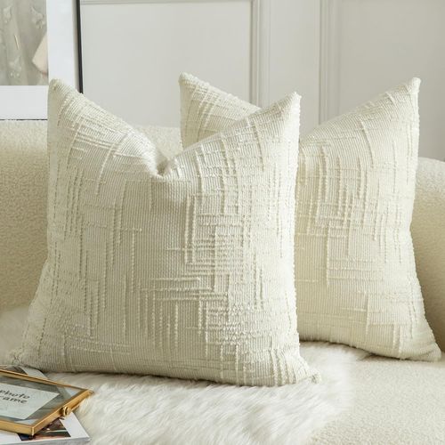 CAUC-Lot de 2 Housses de Coussin en Chenille Douce Design Texturé Noeud de Bambou Décoration Élégante pour Canapé Lit ou Salon 65x65 cm \u200bBlanc Crème