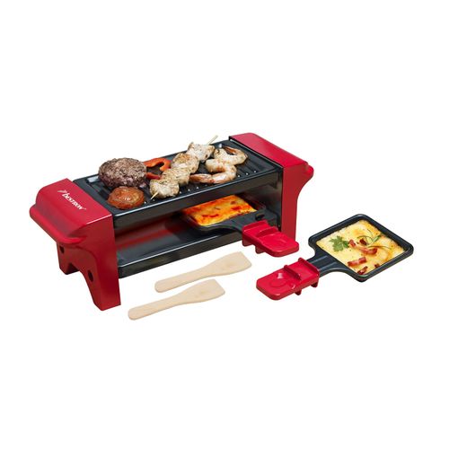 Bestron Appareil à raclette, Mini Grill pour 1 à 2 personnes, avec 2 poêlons et 2 spatules, avec revêtement antiadhésif, 350 Watts - Rouge/Noir