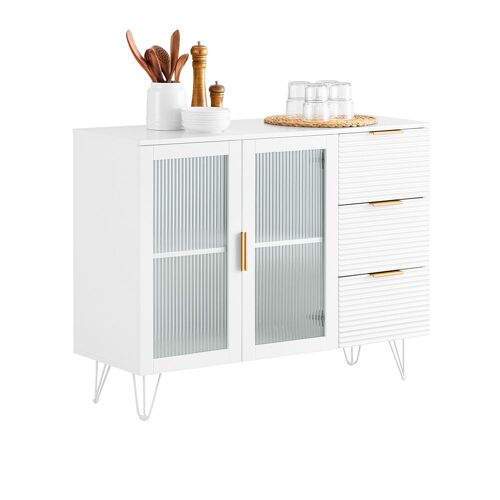 SoBuy Buffet Bas, Commode Armoire de Rangement, Buffet Bahut pour Cuisine Salle à Manger Salon Entrée avec Placard, 3 Tiroirs et 2 Portes Vitrées, 108 x 40 x 85 cm, Blanc, FSB86-W