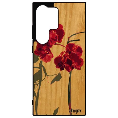 Coque Samsung S24 Ultra En Bois Et Silicone Orchidée Fleur Rose Case Smartphone Amour Exotique Floral De Protection Fantaisie Galaxy