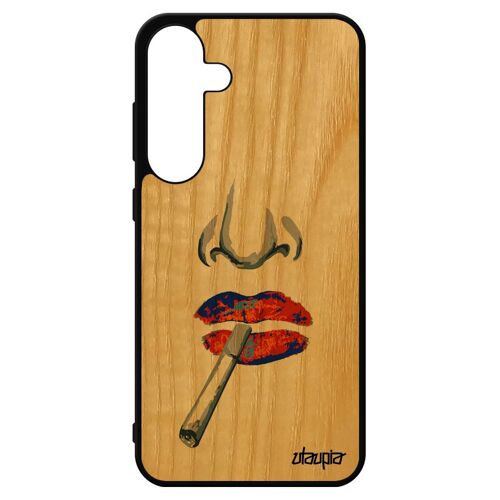 Coque En Bois S24+ Plus Silicone Portrait Frêne Bisou Jaune Portable Sm-S926b Abstrait Femme Cigarette Bouche Dessin Samsung Galaxy