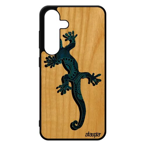 Coque Silicone Pour Samsung Galaxy S24 En Vrai Bois Salamandre Boheme Animal Tribal Lezard Bleu Ethnique De Protection Fille Azteque