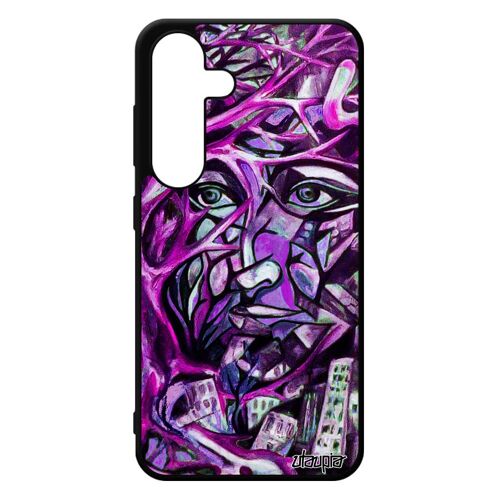 Coque Galaxy S24 Silicone Portrait Street Art Homme Peinture Arbre Fantaisie Visage Abstrait Rose Antichoc Motif Fait Main Samsung