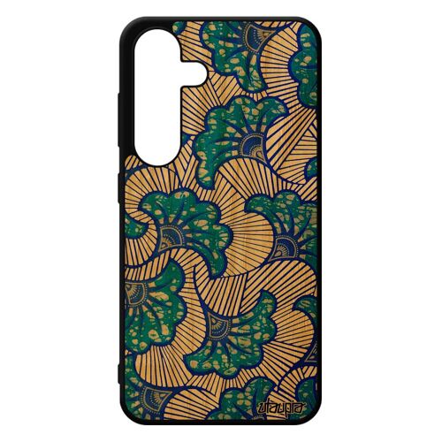 Coque Pour Samsung S24 En Bois Et Silicone Wax Coloré Noir Motif Imprimé Bleu Etui Souple Africain Telephone Unique Tissu Galaxy
