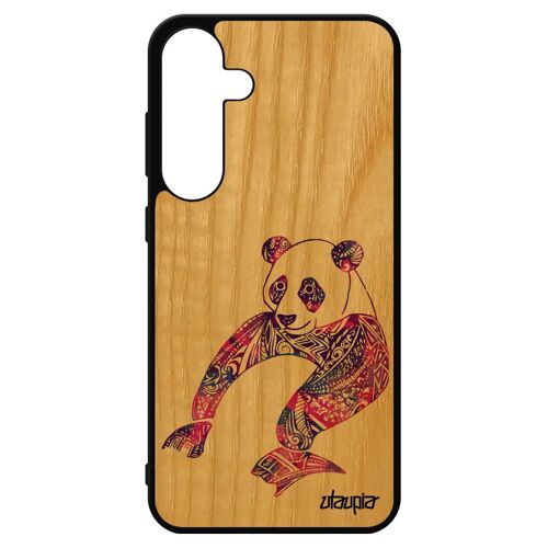 Coque Panda Pour S24+ Plus En Bois Naturel Silicone Portable Dessin Asie Pastel Unique Violet De Protection Animaux Samsung Galaxy