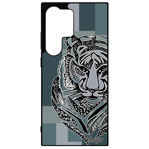 Coque Samsung Galaxy S24 Ultra Silicone Tigre Alu Cube Gel Ethnique Gris Fauve Carré Case Dessin Garcon Predateur Bengal Etui Tribal
