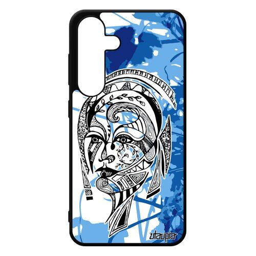 Coque Galaxy S24 Silicone Femme Fantaisie Tribal Feuilles Rigide Bleu Portable Nature Ethnique Dessin Fleur Portrait Fille Samsung