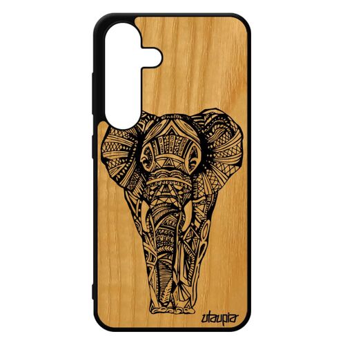 Coque Silicone Elephant Samsung Galaxy S24 Bois Ethnique Tribal Noir Et Blanc Animaux Smartphone Gel Unique D'asie Azteque Dessin De
