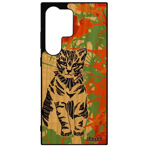 Coque Pour Samsung Galaxy S24 Ultra En Bois Silicone Chat Dessin Petit Chaton Azteque Felin Telephone Sauvage Jolie Made In France