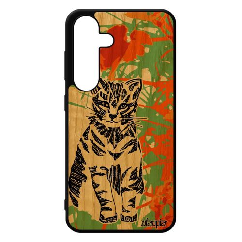 Coque Chat Samsung Galaxy S24 Bois Silicone Animaux Jolie Telephone Mignon Tribal Tpu Dessin Ethnique Mobile Chaton Original Felin