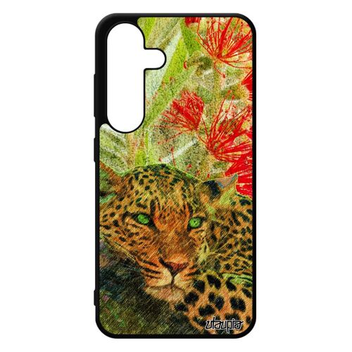 Coque Samsung S24 Silicone Leopard Guepard Jaguar Dessin Fauve Smartphone Felin Predateur Fleurs Animal Vert Animaux Afrique Galaxy