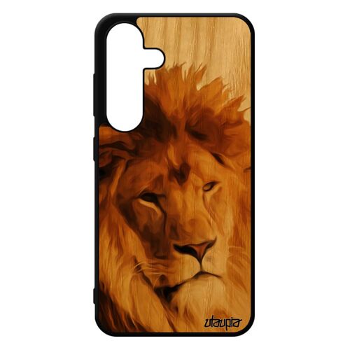 Coque Pour Samsung Galaxy S24 Bois Silicone Lion Rigide Design Lionne Antichoc Animaux Case Animal Unique Beige Nature Peinture Roi