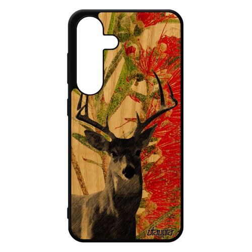 Coque Silicone Cerf Samsung S24 Bois Telephone Design Faon Brame Peinture Cover Nature Fleurs Animal Animaux Mobile Noir Vert Galaxy