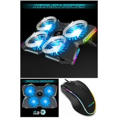 Refroidisseur RGB Air Stream Spirit of gamer PC PORTABLE 17" 4 ventilateurs AIRBLADE 900RPM + 2 PORTS USB + SOURIS GAMER 8 BOUTONS R