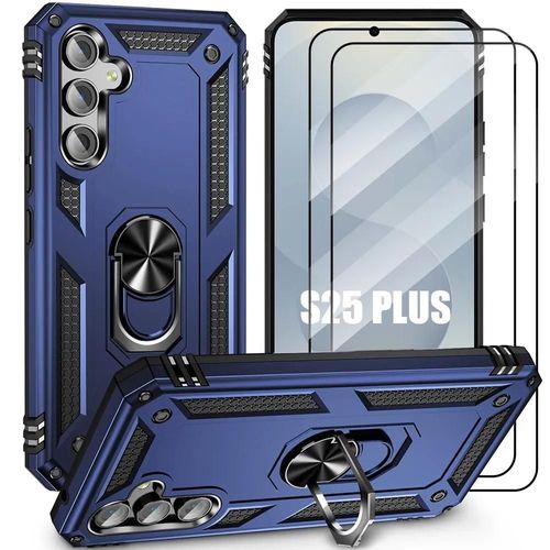 Coque + 2 Verres Trempés Pour Samsung Galaxy S25 Plus (S25+), Protection Antichoc Avec Anneau Rotatif - Bleu Marine - E.F.Connection