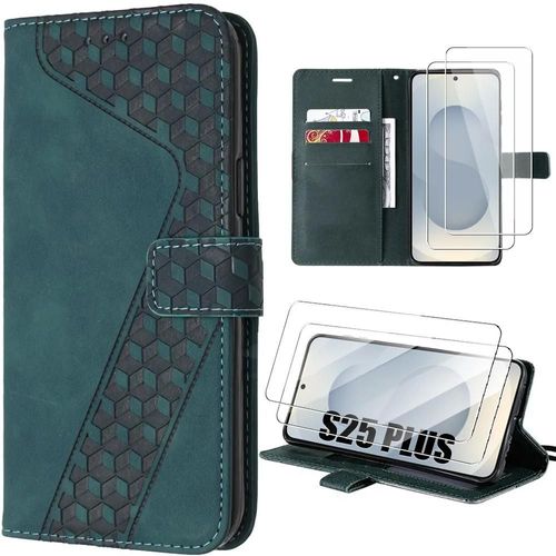 Coque + 2 Verres Trempés Pour Samsung Galaxy S25 Plus (S25+) Protection Effet Cuir À Motif Embossé - Vert Nuit - E.F.Connection