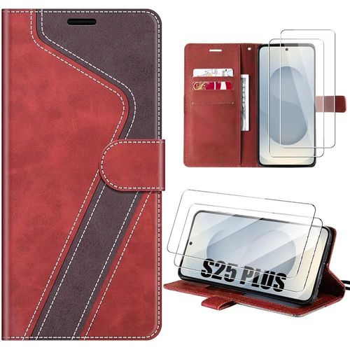 Coque + 2 Verres Trempés Pour Samsung Galaxy S25 Plus (S25+) Protection Anti-Rayures Effet Cuir Bicolore Rouge - E.F.Connection