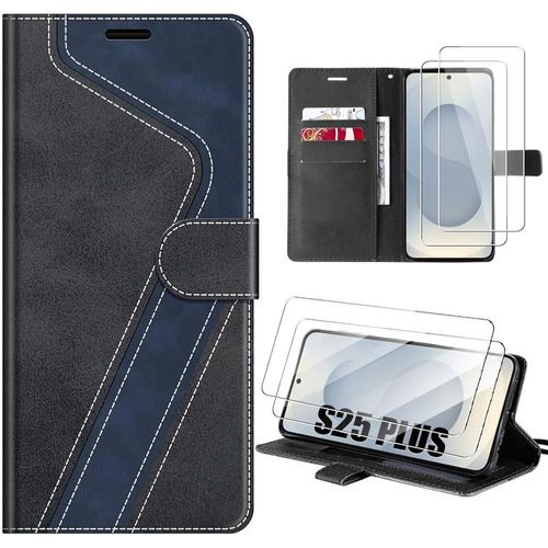 Coque + 2 Verres Trempés Pour Samsung Galaxy S25 Plus (S25+) Protection Souple Antichoc Cuir Pu - Noir/Bleu Marine - E.F.Connection