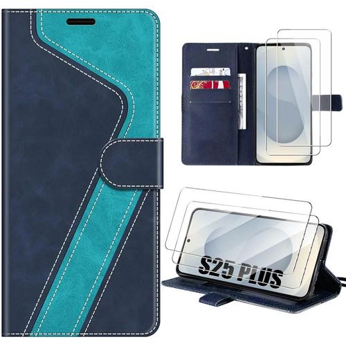 Coque + 2 Verres Trempés Pour Samsung Galaxy S25 Plus (S25+), Protection Anti-Rayure Pliable Effet Cuir Bleu - E.F.Connection