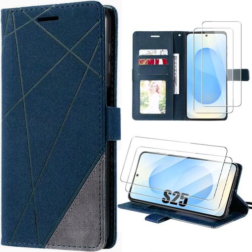 Coque + 2 Verres Trempés Pour Samsung Galaxy S25 - Protection Rabat Cuir Synthétique Antichoc Bleu Marine - E.F.Connection