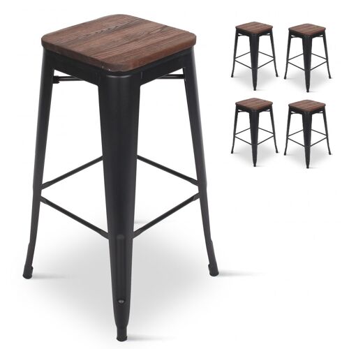 Lot de 4 tabourets de bar en métal noir mat style industriel et assise en bois foncé - Hauteur 76 cm
