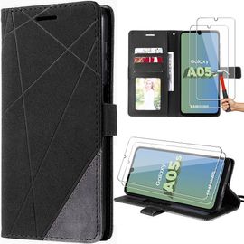 Coque pour Samsung Galaxy A05s -Noir- Art Linéaire en Cuir PU Protection Antichoc + 2 Verres Trempés (pas pour A05) - BOOLING