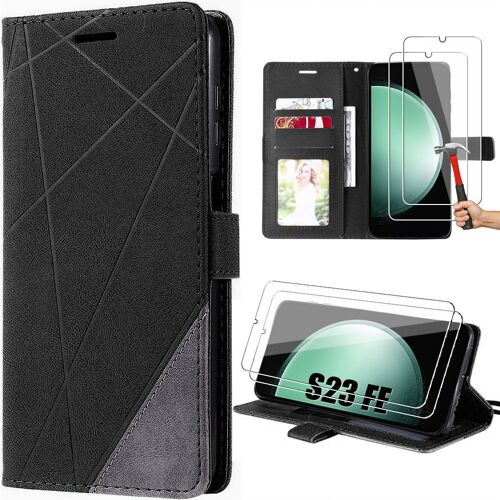 Coque Pour Samsung Galaxy S23 Fe Avec 2 Verres Trempés, Rétro Antichoc En Cuir Pu, Avec Porte-Cartes Noir (Pas Pour S23) - Booling