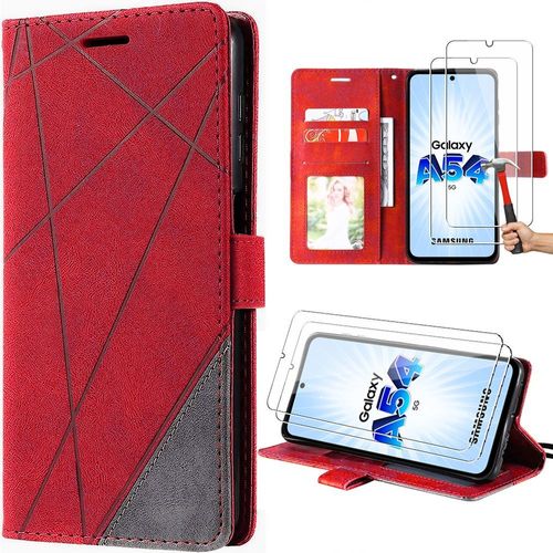 Coque pour Samsung Galaxy A54 5G, Protection Anti-Rayures Cuir PU Rouge + 2 Verres Trempés - BOOLING