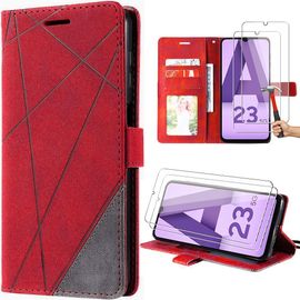 Coque pour Samsung Galaxy A23 5G + 2 Verres Trempés, Rouge, Cuir PU Rétro avec Porte-cartes et Fonction de Support - BOOLING
